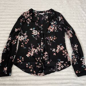 Candies Semi Sheer Blouse Women's XS Black Floral Roll Tab Long Sleeve Tie Front